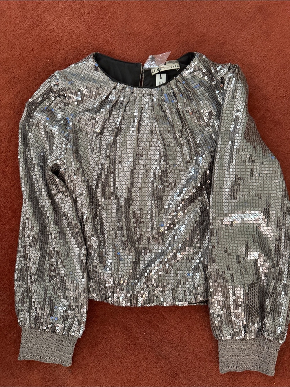 Alice + Olivia Silver Sequin Long-Sleeve Top